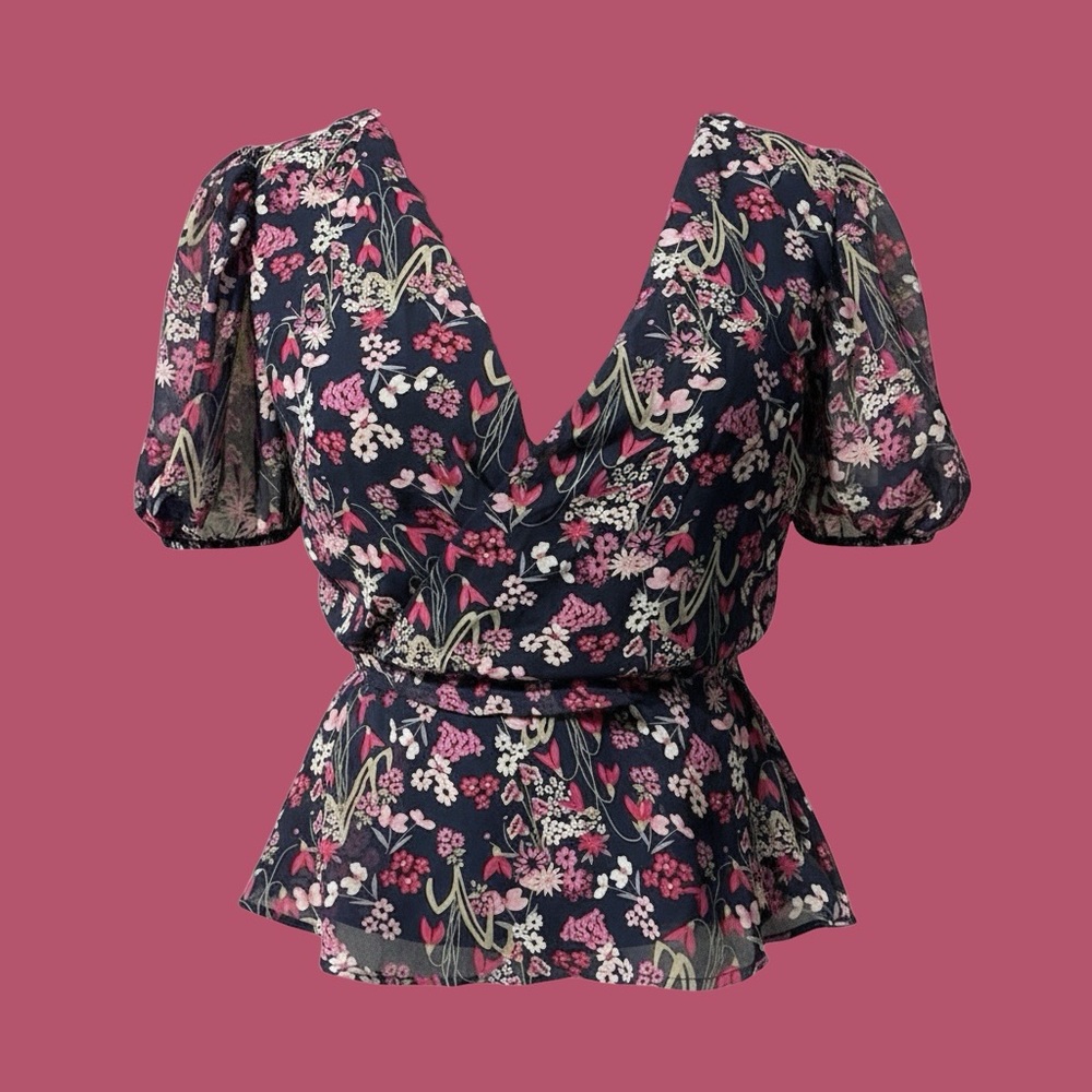 miami Navy Floral Wrap V-Neck Puff Sleeve Peplum Top